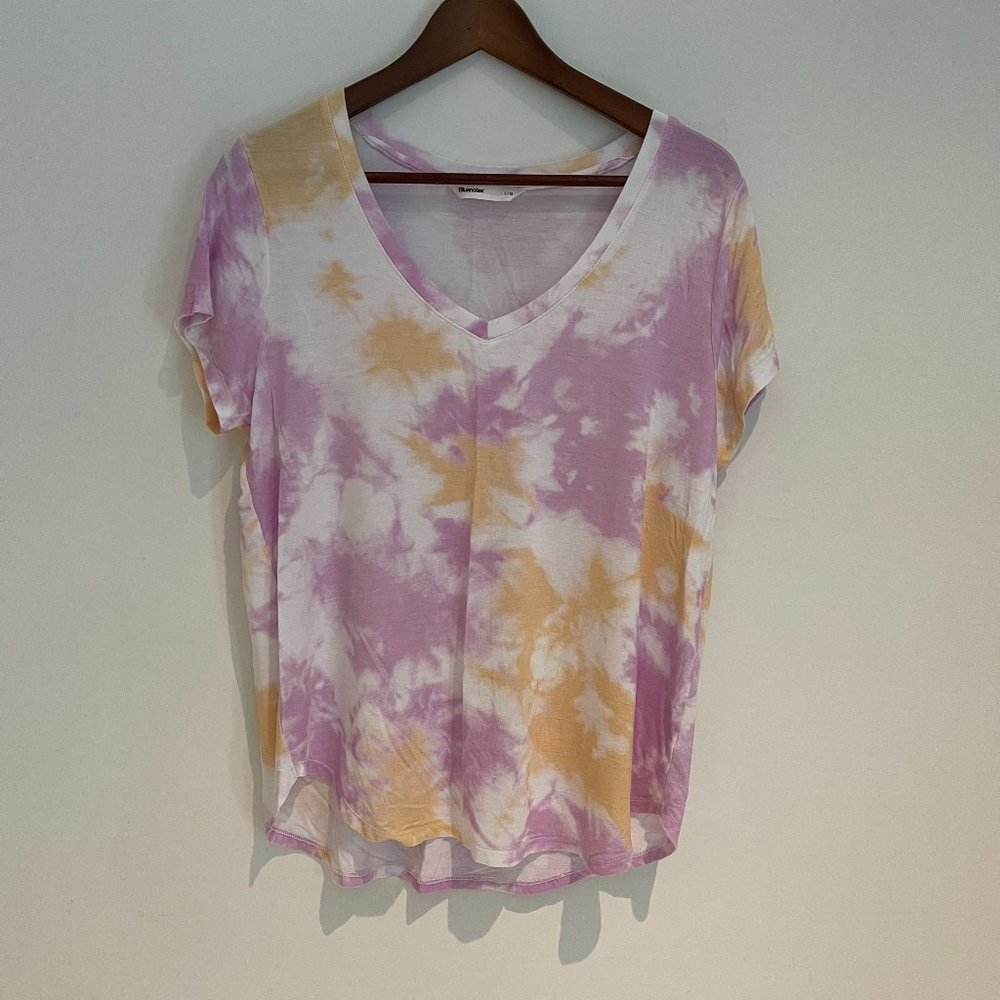 Bluenotes Women Pink Orange Tie Dye Short Sleeve V Neck T Shirt Size L